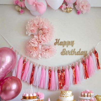 Shiny Tassel Garland Tissue Paper Tassel Banner,Tassels Party Decorations for Gender Reveal,Wedding,Birthday,Bridal/Baby Shower,Pack of 15 (Rose Gold/Pink/White)