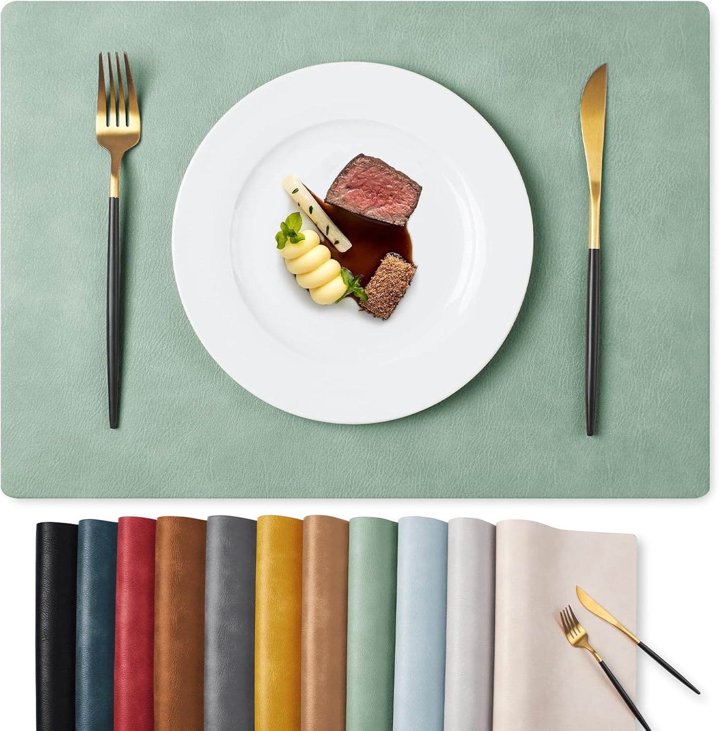 MOSAYT Vinyl Placemats Set of 8-12 X 17 Inch - Faux Leather 100% Waterproof Oil-Proof Wipeable PU Place Mats, Heat Resistant Reversible Table Mats for Kitchen, Dining, Outdoor (Green)