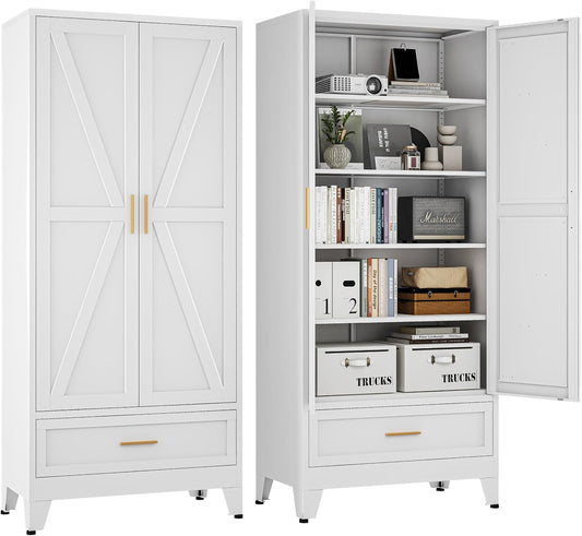 71 "Farmhouse Metal Filing Cabinet with a Drawer and 4 Adjustable Shelves, with 2 Large barn Door White Kitchen Cabinets, Metal Food Cabinets for Home, Kitchen, Dining/Living Room (White)