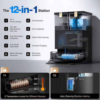 ECOVACS DEEBOT X8 PRO OMNI Robot Vacuum and Mop, 18000Pa, OZMO ROLLER Instant Self-Washing Mopping, 167℉ Hot Water Mop Washing, Auto Cleaning Solution Adding, Hot Air-Drying, Self-Emptying, Black