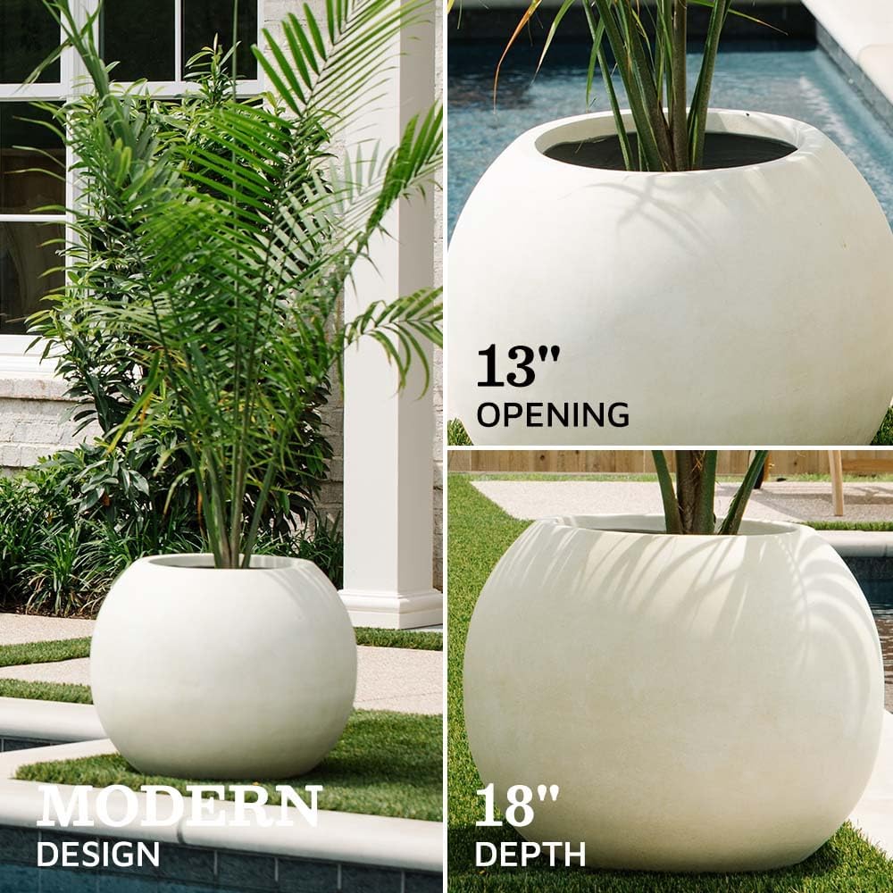 Ash & Ember Onyx 24" D Ceramic Indoor Outdoor Round Sphere Planter, Satin Ivory, Home Décor Evergreen Weather Resistant Modern Planter Pot, Seamless Herb & Seasonal Flower Garden Box