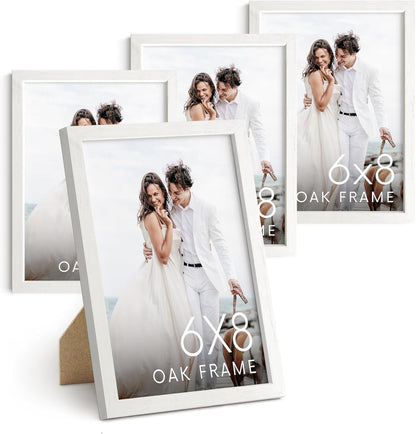 HAUS AND HUES 6x8 White Oak Wooden Picture Frame - Set of 4 6x8 Poster Frame - Premium Oak, Vertical Hang, Shatterproof Plexiglass - Ideal for Home, Room, Office (6x8-inch, White, Set of 4)