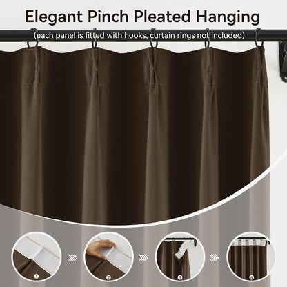 KangBang Dark Brown Pinch Pleated Drapes 102-inch Long Curtains with Hooks, Room Darkening Black Out Thermal Insulated Window Treatments for Living Room Office,40Wx102L,2 Panels