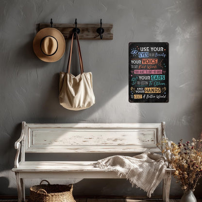Heuhuww Vintage Positive Energy Wall Decor-Use Your Eyes To See Beauty Your Voice To Say Kind Words Metal Sign for Home Classroom Cafes Bedroom Positive Energy Gifts 8"x12"(H26)