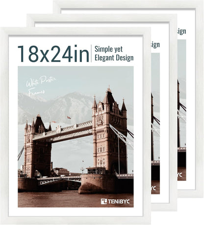 18x24 Poster Frame 3 Pack - White Woodgrain, Solid Wood Gallery Picture Frame - Wall Hanging