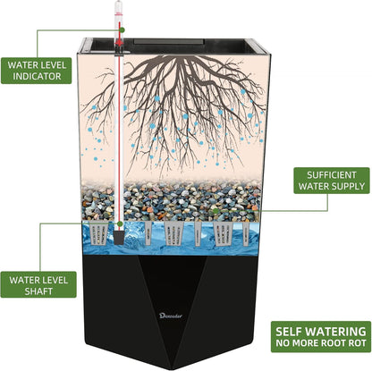 Dexceder 20 Inches Tall Self Watering Planter Diamond High Gloss Indoor Outdoor, Thickened Rhombus Large Floor Standing Flower Plant Pot with Water Level Indicator (Black)