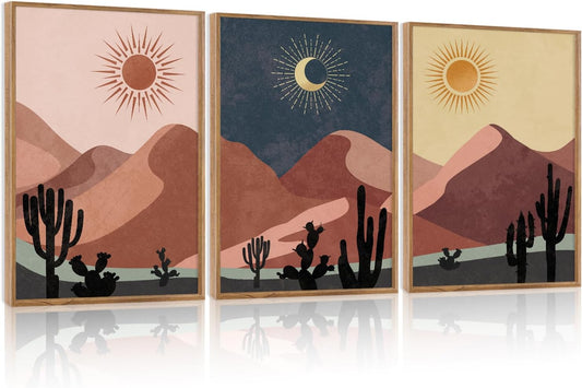 HPNIUB Boho Desert Framed Canvas Wall Art Set, Abstract Sun Moon Art Prints, Modern Cactus Paintings Artwork, Mid Century Southwestern Landscape Wall Decor for Living Room, Bedroom, Office-16 x24 x3