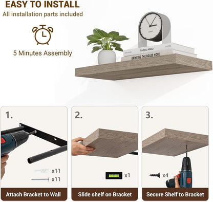 24 Inch Floating Shelves, 3D Textured Wood Grain, 24"x9.25"x1.5" Inch Deep Floating Shelves for Wall, Wooden Shelves for Bathroom, Bedroom, Living Room, Vintage Gray Oak