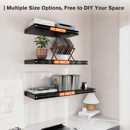 Large Floating Shelves for Wall Set of 3 Wooden Wall Shelves 36 in x 12.75 in x 2 in Room Decor Long Shelf with Invisible Wall Mount Bracket for Bedroom Kitchen Living Room Black