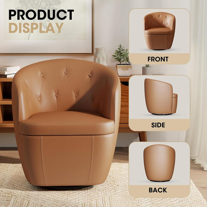 360° Swivel Leather Accent Chair, Modern Barrel Club Chair with Leather Upholstery and Sturdy Base, Comfortable Armchair for Living Room, Bedroom, Reading Nook, Brown
