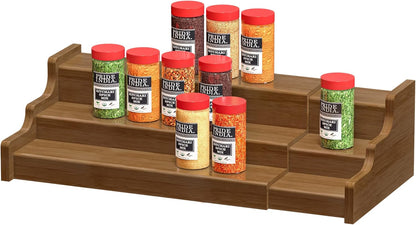 Bamboo Spice Rack Cabinet Organizer - 3 Tier Wooden Expandable Walnut Display Shelf