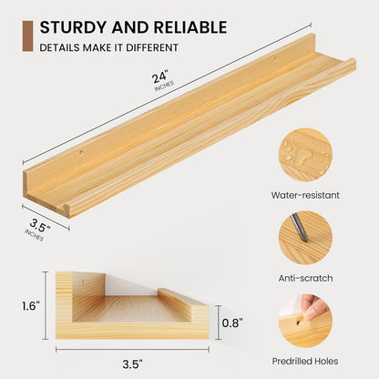 Picture Ledge Shelf, Solid Pine Wood Floating Shelves Set of 2, 24 Inches Nursery Book Shelves for Toys Storage, Kids Bookshelf Wall Mounted for Living Room Bedroom Decor Books Photo Frames, Natural