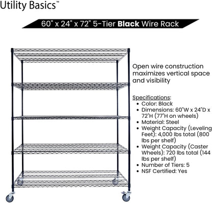 60"x24"x72" Black 5-Tier Premium Metal Wire Shelving NSF 4000 LBS MAX Capacity Heavy Duty Steel Storage Rack for Warehouse, Garage, Hospital, Commercial Space & School w/Premium Wheels