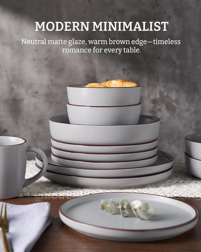 Famiware Mercury Plates and Bowls Sets, 18 Pieces Stoneware Dinnerware Sets, Dishes Set for 6, Microwave and Dishwasher Safe, Light Grey