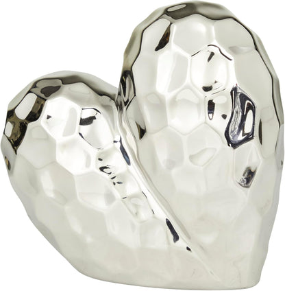 Deco 79 Porcelain Ceramic Heart Decorative Sculpture Dimensional Angled Origami Inspired Home Decor Statue, Accent Figurine 8" x 3" x 8", Silver