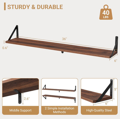 Heimlove Floating Shelves for Wall, 36 Inch Long Wood Floating Bookshelf Set of 3, Wall Mounted Hanging Shelf for Bathroom Bedroom Kitchen, Walnut