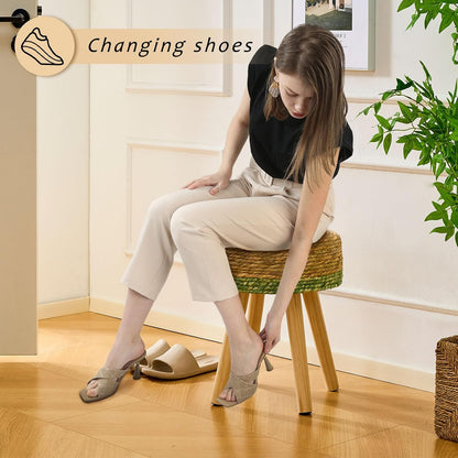 Handwoven Outdoor Ottoman, Water Hyacinth Pouf Round Patio Footstool with Wood Legs, 17-Inch Multipurpose Vanity Stool, Dining Chair, Patio Footrest for Balcony and Garden, Green