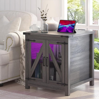 Farmhouse End Table, 24" Large Sofa Side Table with Charging Station, Mesh Barn Door, and Adjustable Storage Shelf, Rustic Wood Square Nightstand for Living Room, Bedroom, Office, Grey