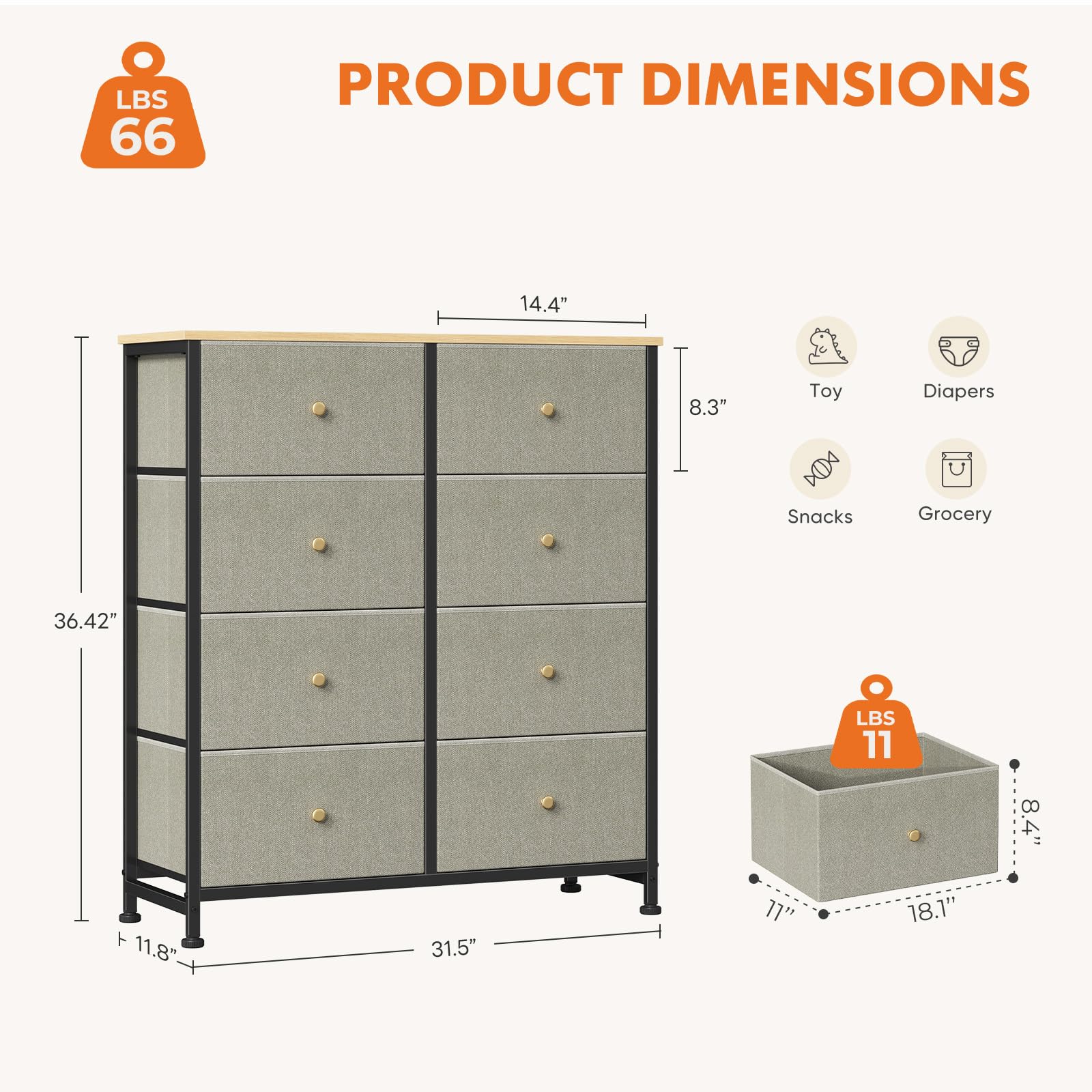 Sweetcrispy 8 Drawer Fabric Dresser, Tall Storage Tower for Bedroom