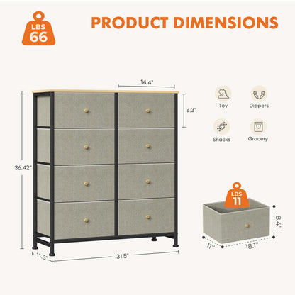 Sweetcrispy 8 Drawer Fabric Dresser, Tall Storage Tower for Bedroom