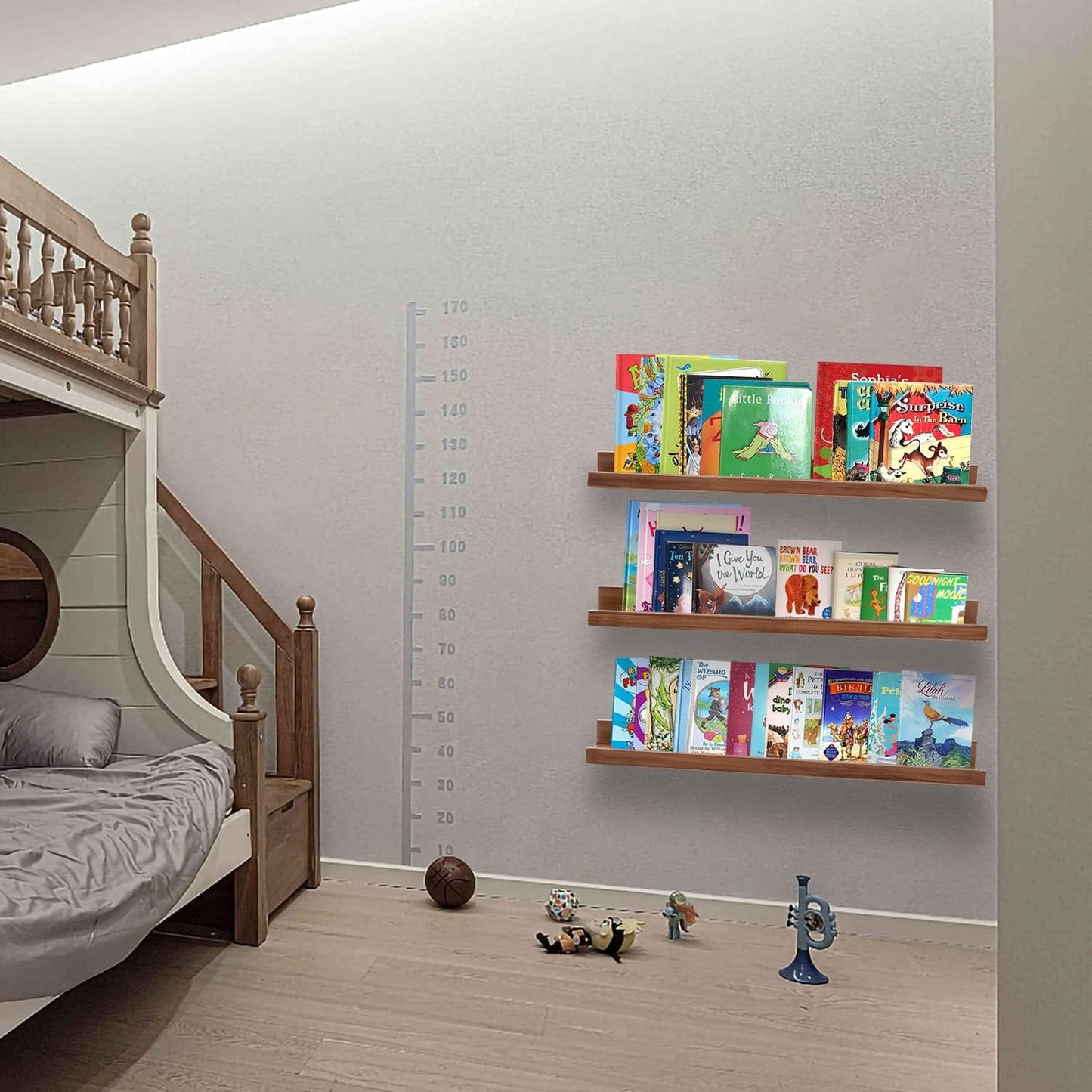 AZSKY Floating Photo Shelves Fair Light Walnut 24 Inch Picture Ledge for Storage Wall Book Shelves Hanging Picture Photo Frame Ledge Shelves with Lip a Set of 3 Same Sizes Kitchen Spice Rack