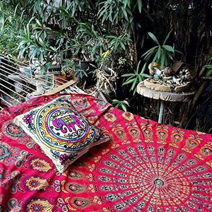 Bless International Handmade Indian hippie Bohemian Psychedelic Peacock Mandala Wall hanging College Dorm Beach Throws Table Cloth Bedding Tapestry (Golden Red, King(88x104Inches)(225x265Cms))