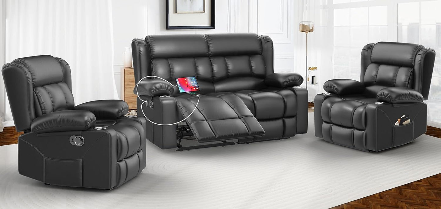 Loveseat Recliner Sofa Set with 2+1+1 Pieces, 2 Seater Minimalist Style Manual Pull Tab Reclining Loveseat with USB Charge Ports, Cup Holders, Recliner Couches for Living Room, RV, Black