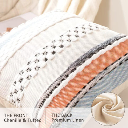 Boho Throw Pillow Covers 18x18 Set of 2 Farmhouse Decorative Cushion Case Striped Square Pillows Cover Chenille Pillow Cases Accent Neutral Pillowcase for Sofa Couch Bed,Orange-Blue