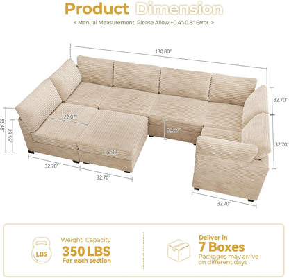 HOOOWOOO Modular Sectional Sofa,7 Pieces Sectional Couches for Living Room,131X66 U Shaped Cloud Couch with Ottoman Chaise Set(Beige Velvet Corduroy)
