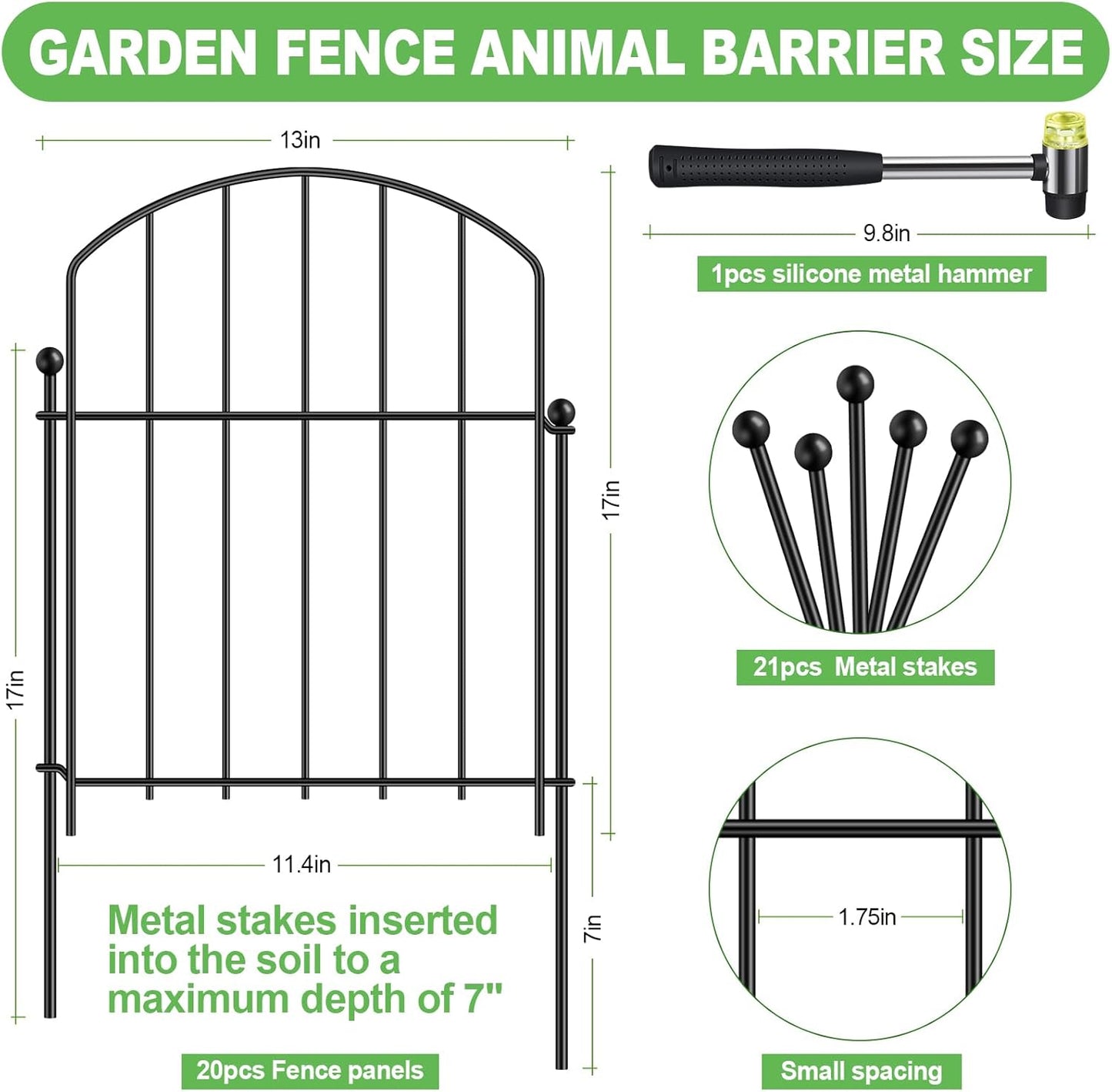 Decoration Garden Fence 17in x 20ft, 20 Pack Rustproof Metal Animal Barrier Fence, Arched Flower Bed Edge Decorative Rabbit and Dog Ground Defense No-Dig Fence for Patio Patio Outdoor