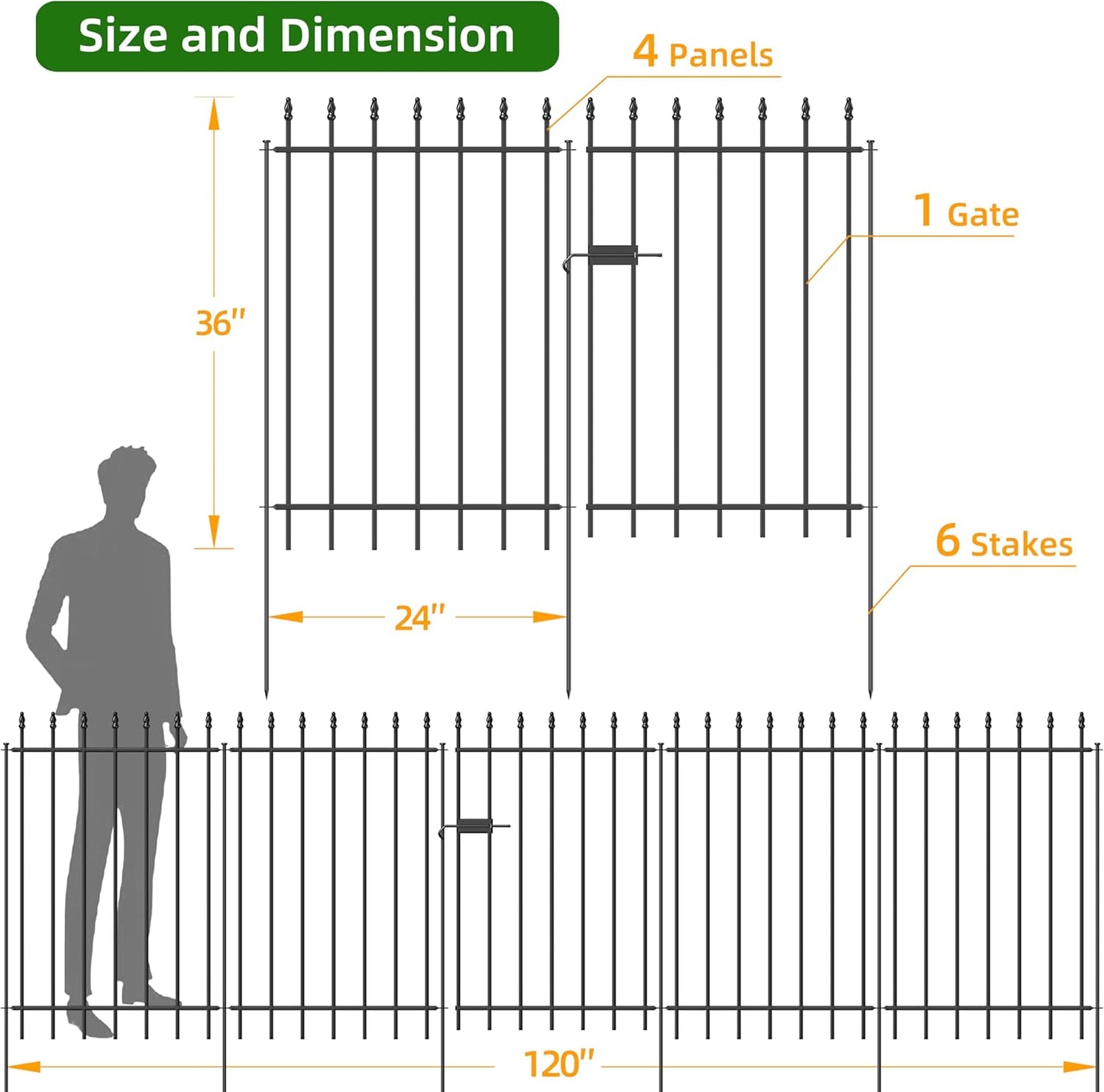 Metal Garden Fence with Gate 36 in H x 10 ft L, 1 Gate + 4 Panels Border Fence Panels Animal Barrier for Dogs, No Dig Garden Fencing for Yard Patio Flower Bed Lawn Outdoor, Black