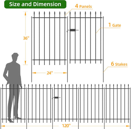 Metal Garden Fence with Gate 36 in H x 10 ft L, 1 Gate + 4 Panels Border Fence Panels Animal Barrier for Dogs, No Dig Garden Fencing for Yard Patio Flower Bed Lawn Outdoor, Black