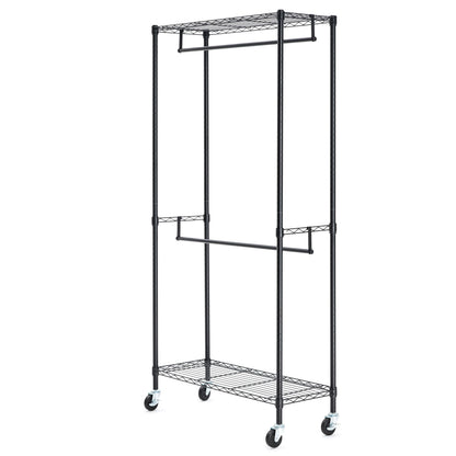 Amazon Basics Adjustable Double Rod Rolling Garment Rack, Hanging Clothes Closet Organizer with