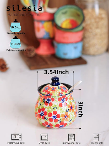silesia Handmade Sugar Bowl with Lid and Spoon, 9 Ounce Ceramic Hand-Painted Sugar Jar for Home in Gift Box, Kitchen Decor, Oven, Dishwasher & Microwave Safe, Jungle Floral