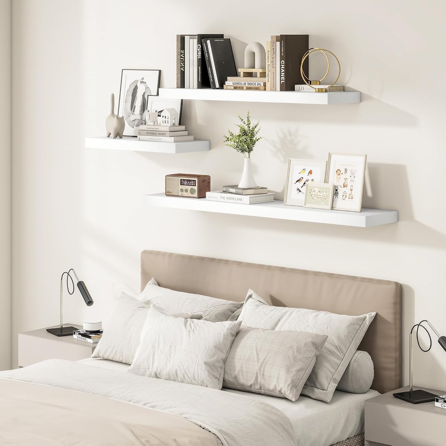 White Floating Shelves for Wall, 24 Inch X 12 Deep Shelves for Room Wall Mounted，2" Thick Heavy Duty Holds 55lbs Floating Shelf for Bedroom Bathroom Kitchen Laundry Room, Set of 2