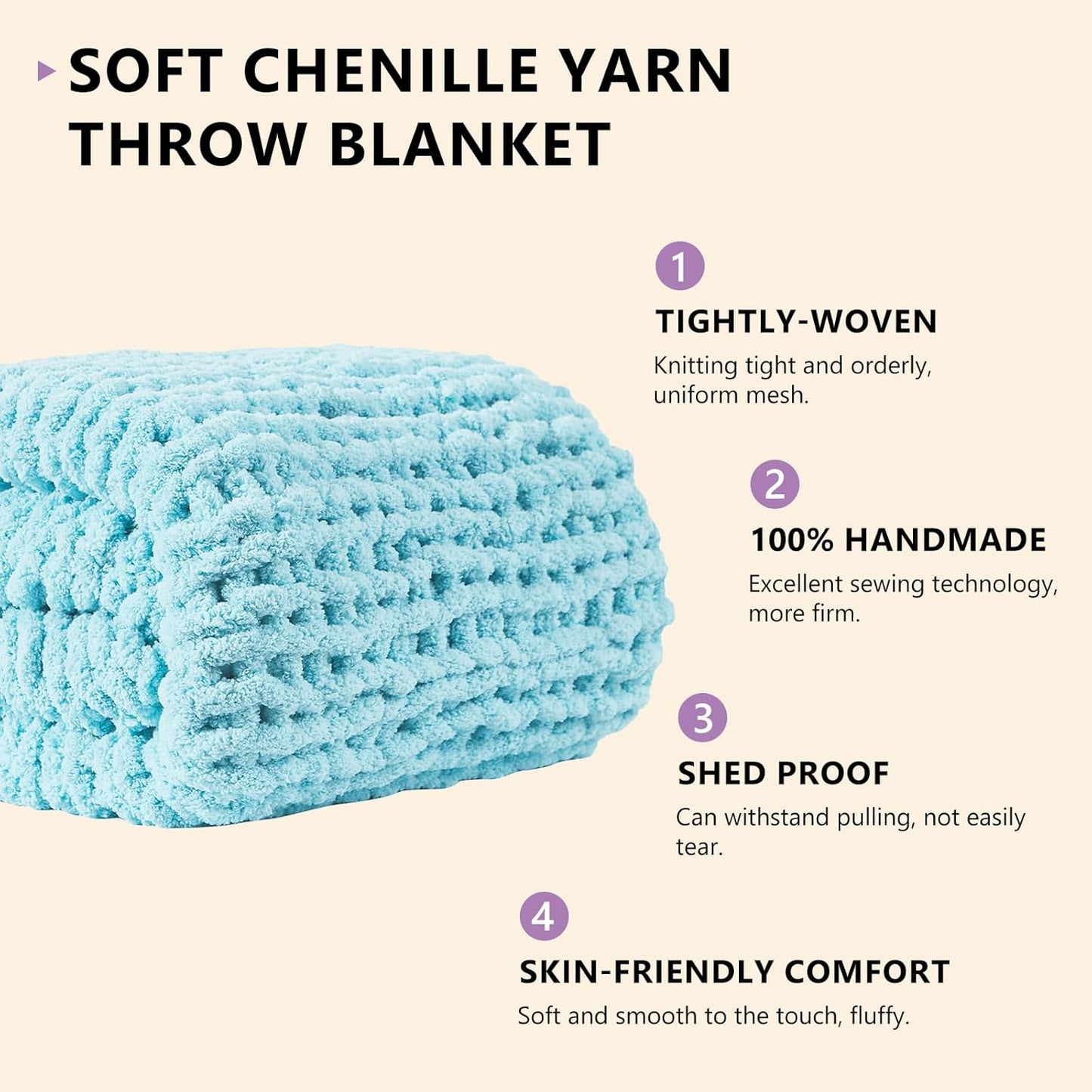 L'AGRATY Chunky Knit Throw: 80''x90'' Chenille Blanket for Bed Couch - Handmade Thick Big Cable Knit - Large Crochet Throw for Home Decor (Light Blue)