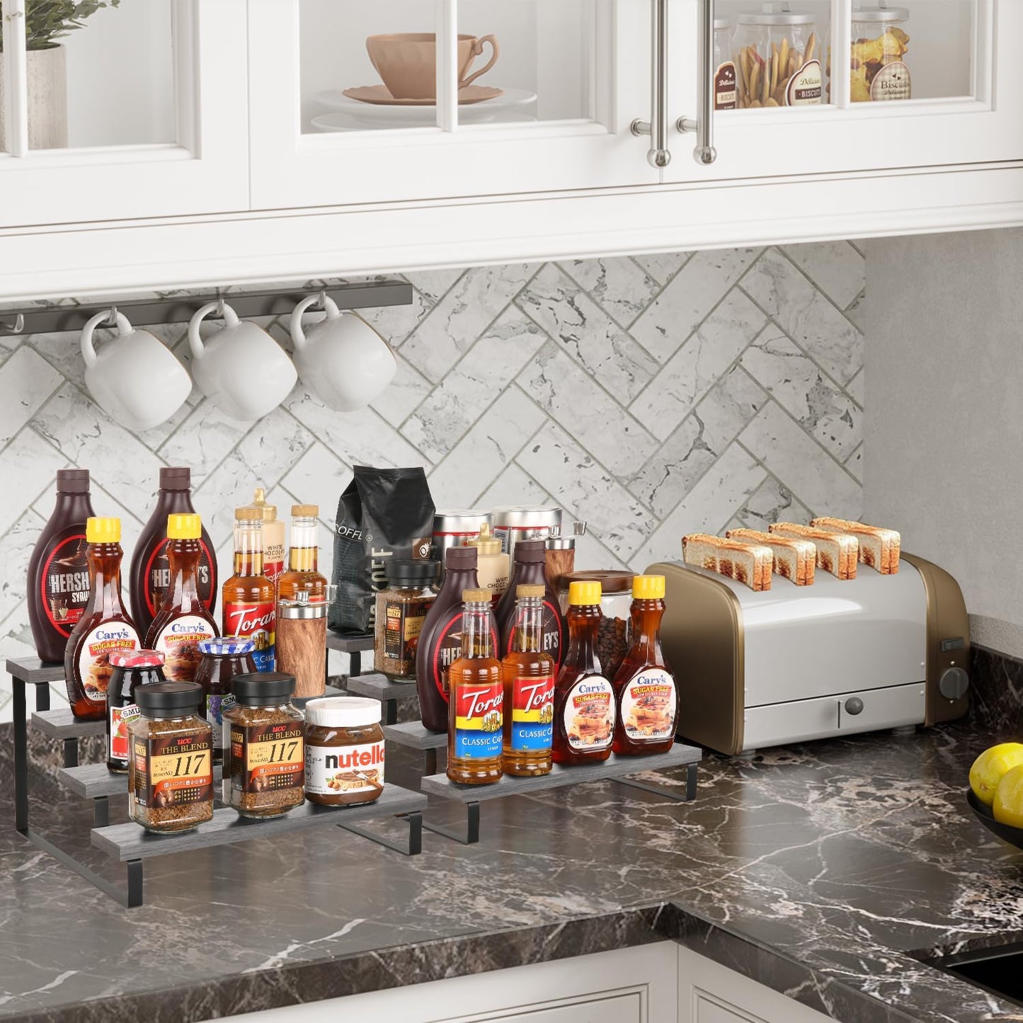 YINMIT Wooden Display Riser Stand, Tiered Perfume and Cologne Organizer Stand, 4 Tier Spice Rack Organizer, Rustic Display Shelf for Candles (4 Tier,2Pack,Grey)