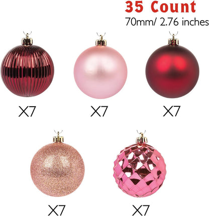 Every Day is Christmas Ornaments, Shatterproof Christmas Tree Ornament Set, Christmas Balls Decoration 35 Count (2.75"/70mm, Pink Rose)