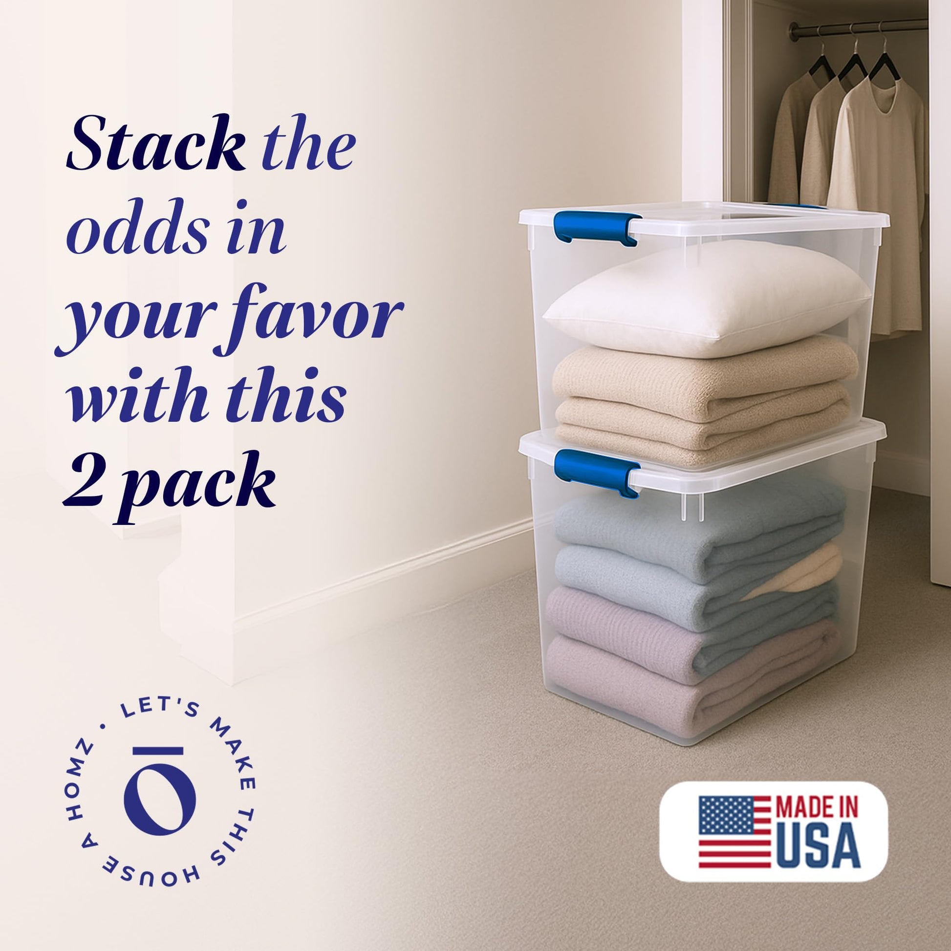 HOMZ Clear Plastic Storage Bins w/Latching Lid, 112 Qt, Blue Latch, 2 Pack