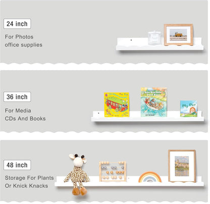 Fun Memories Picture Ledge Shelf for Wall, 24 inch Pine Wood Nursery Book Shelves Set of 2- Wall Book Shelves for Kids Room, Home Decor - Kitchen Spice-White