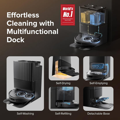 roborock Qrevo S Robot Vacuum and Mop, Self-Drying, Auto Mop Washing, 7000Pa Suction, Self-Emptying & Refilling, 10mm Auto Lifting, 200RPM Spinning Mops, Smart Obstacle Avoidance, Black