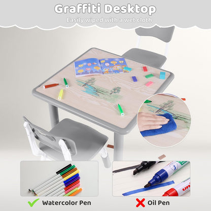 Kids Table and 2 Chairs Set, Height Adjustable (17.7"-26.1") Toddler Table and Chair Set, Multi-Activity Table with Graffiti Desktop, Children’s Table and Chairs for Classroom, Home & Daycare