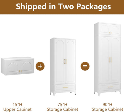 Kitchen Cabinet, 90" Tall Metal Pantry Cabinet, Freestanding Cupboards with One Drawer, Food Storage Cabinets for Dining, Living Room, White, 16" D x 32" W x 90" H, Assembly Required