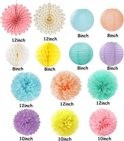 Pastel Rainbow Party Decorations Streamers - 14pcs Boy Girl Kids Birthday Supplies,Pink Yellow Blue Paper Lanterns Fan,Tissue Pom Poms,Honeycomb Balls, Baby Shower Wedding Decor Lasting Surprise