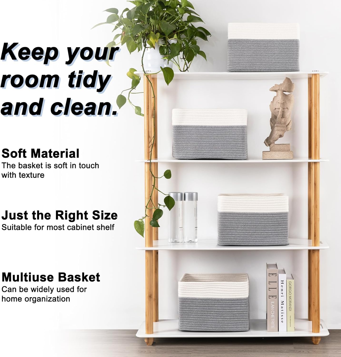 4 Pack Storage Baskets for Organizing, Woven Baskets for Shelves - Perfect for Toys, Books, Towels, and Clothes, Durable Gift Basket Bins Toy Storage, 12.7''L x9''W x7.8''H, Grey and White