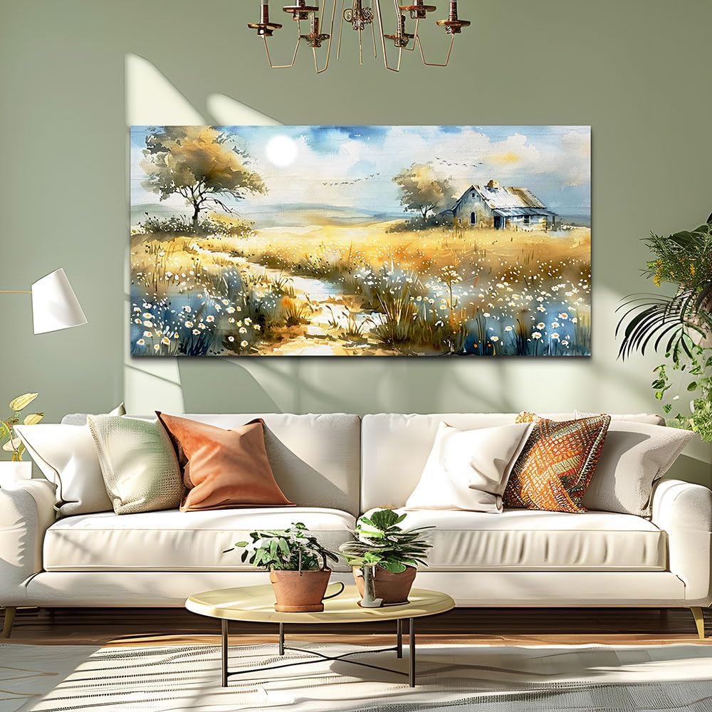 KELIYUAN Large Country Field Painter House Decorated Wildflower Field Landscape Painting Living Room Decorated Wall Art Modern Print Canvas Farmhouse Office Bedroom Wall Decorated 30 X 60 Inches