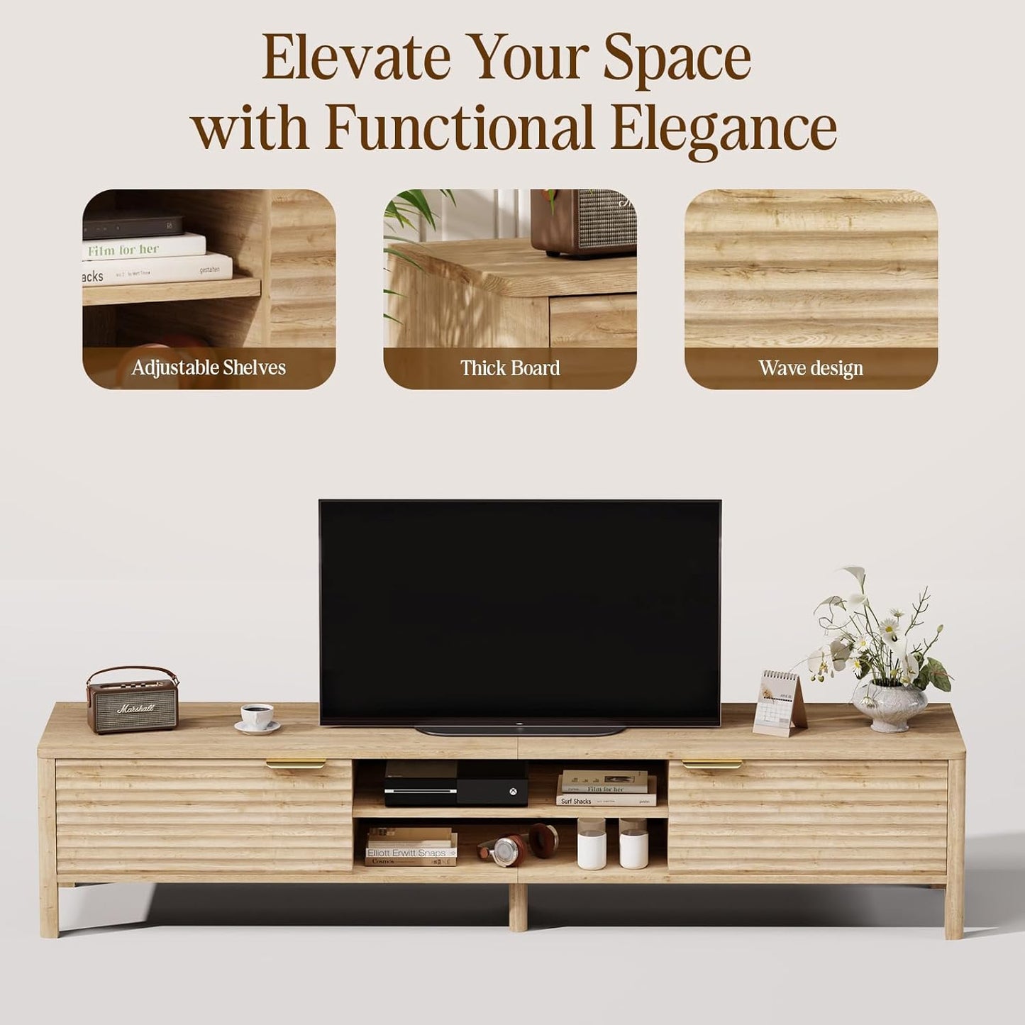 TV Stand for Living Room - up to 80 Inch TVs Mid Century Modern Entertainment Center with Storage and Adjustable Shelves, Media Console Table Oak 70"