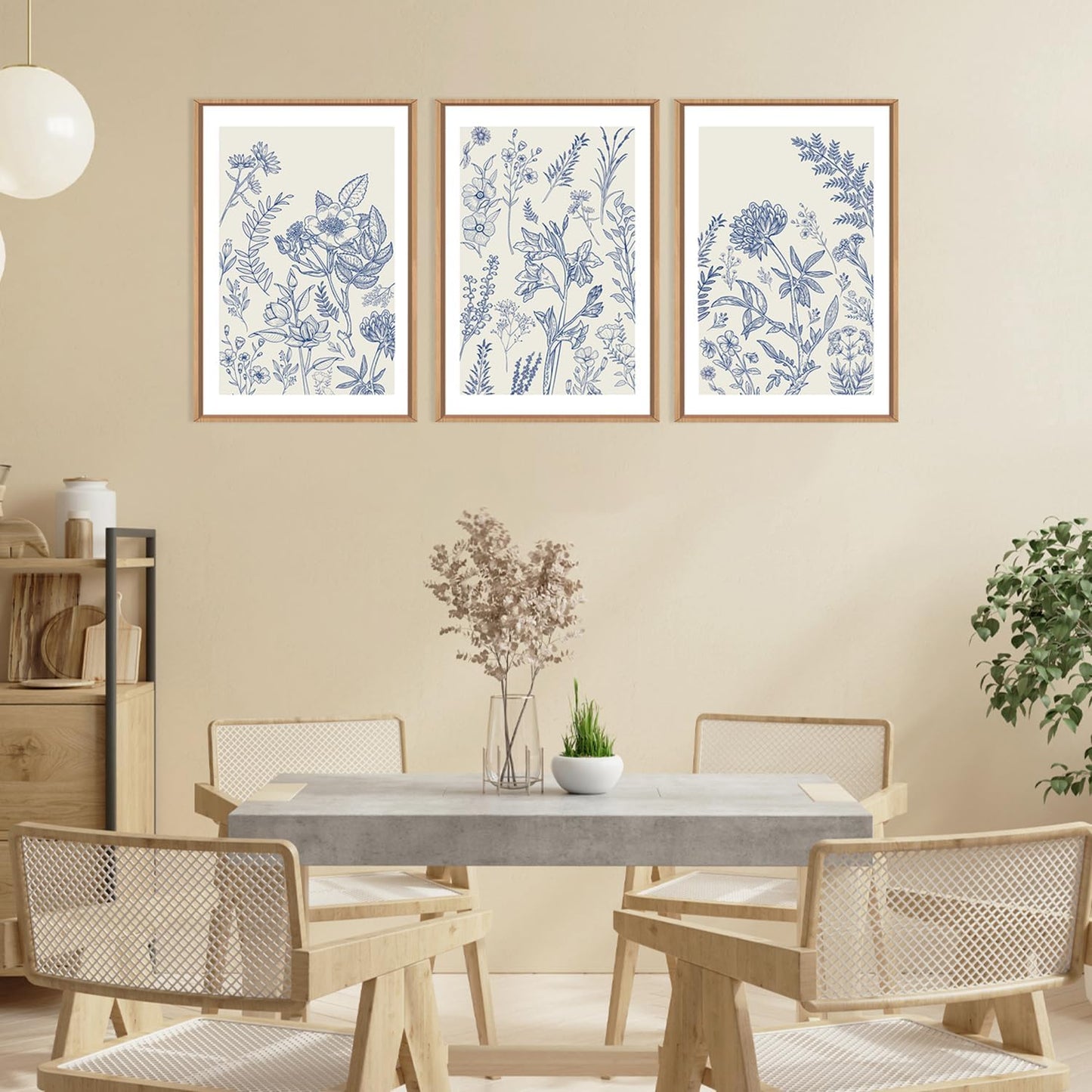 HPINUB Classic Chinoiserie Floral Framed Canvas Wall Art Set,Watercolor Blue and White Botanical Flowers Wall Decor,Navy Blue Minimalist Wildflower Art Print for Living Room,Bedroom,Office-24x36x3