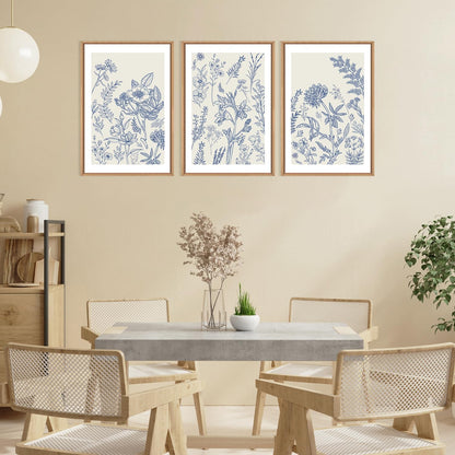 HPINUB Classic Chinoiserie Floral Framed Canvas Wall Art Set,Watercolor Blue and White Botanical Flowers Wall Decor,Navy Blue Minimalist Wildflower Art Print for Living Room,Bedroom,Office-16 x24 x3