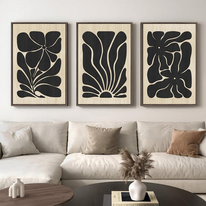 Framed Textured Wood 3D Wall Art for Living Room, Large Boho Floral Black and Beige Artwork for Walls, 3 Piece Abstract Bohemian Flower Wood 3D Art for Office Bedroom Hallway Wall decor, 24x36 Inch